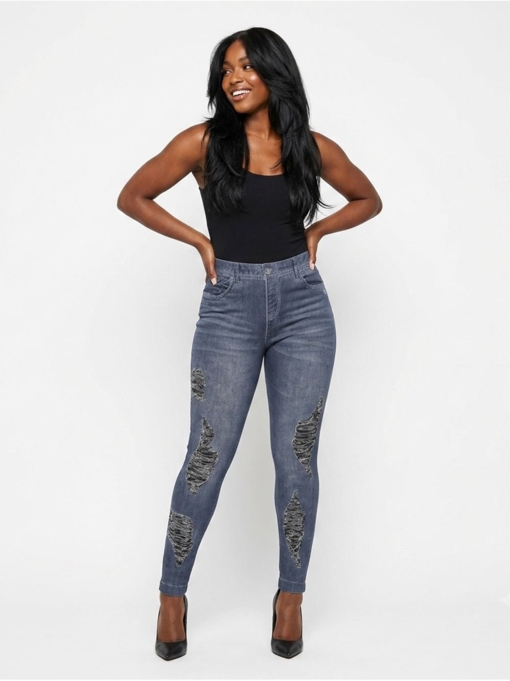 OPPA! Faux Denim Distressed Leggings Gray Plus Size 1X/2X